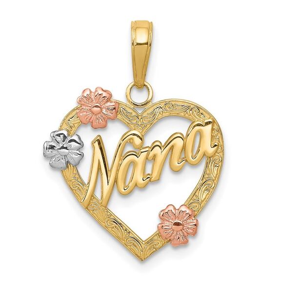 14k Tri Color Gold Floral Nana Heart Pendant 17mm